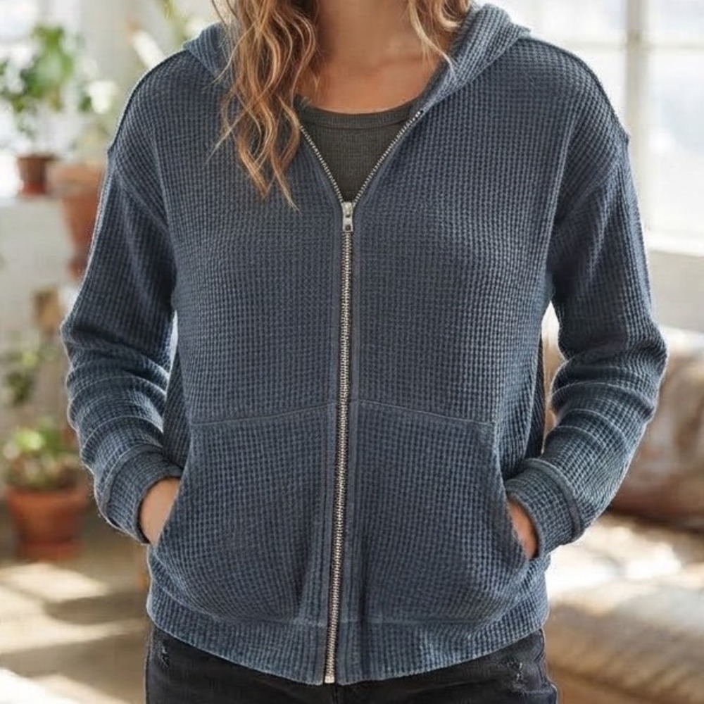 Hippie Rose Womens Blue Waffle Knit Zip Up Hoodie Thermal Sweatshirt Small